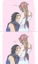  1boy 1girl aerith_gainsborough anna_m bare_shoulders black_gloves black_hair blue_eyes blue_sweater blush braid braided_ponytail brown_hair couple crisis_core_final_fantasy_vii dress dress_flower english_commentary english_text final_fantasy final_fantasy_vii flower gloves hair_ribbon hair_slicked_back hand_on_another&#039;s_back hand_on_another&#039;s_cheek hand_on_another&#039;s_face heart hetero highres light_blush long_hair looking_at_another looking_up omake pink_background pink_ribbon ponytail ribbed_sweater ribbon short_hair simple_background sitting sleeveless sleeveless_dress sleeveless_turtleneck sparkle spiky_hair spoken_squiggle squiggle standing suspenders sweater turtleneck turtleneck_sweater upper_body zack_fair 