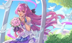  1girl absurdres bare_shoulders bird blue_sky bouquet breasts commentary_request cyrene_(honkai:_star_rail) cyrene_(ripples_of_past_reverie)_(honkai:_star_rail) dove dress highres holding holding_bouquet honkai:_star_rail honkai_(series) long_hair looking_at_viewer medium_breasts outdoors pink_hair sky smile solo tapume very_long_hair violet_eyes white_dress 