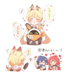  3girls :3 :d ? ^_^ ahoge alice_thymefield animal_ears bangboo_(zenless_zone_zero) belle_(zenless_zone_zero) black_gloves blonde_hair blue_hair blush chibi closed_eyes collared_shirt commentary_request cropped_torso fingerless_gloves flower_symbol gloves green_eyes heart long_hair long_sleeves multiple_girls musical_note open_mouth rabbit_ears rabbit_girl rebecca_(keinelove) red_hair shirt short_hair simple_background smile speech_bubble spoken_musical_note spoken_question_mark translation_request ukinami_yuzuha white_background white_shirt zenless_zone_zero 
