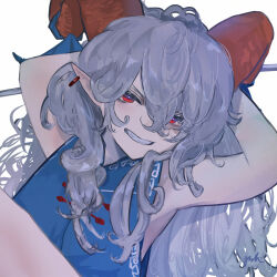  1girl alternate_hair_length alternate_hairstyle armpits arms_behind_head bare_shoulders blue_vest commentary_request earrings eneshi grey_hair grin hair_between_eyes highres horn_ornament horn_ribbon horns jewelry long_hair looking_at_viewer pointy_ears red_eyes ribbon sheep_horns smile solo teeth touhou toutetsu_yuuma vest wavy_hair white_background 