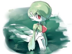  1boy alternate_design alternate_hairstyle alternate_universe arms_at_sides coat coattails colored_skin deep_wound english_commentary facing_to_the_side gardevoir green_hair hair_over_one_eye injury lampette looking_up multicolored_skin partially_colored partially_submerged pokemon pokemon_(creature) pokemon_focus pond red_eyes scar scar_on_shoulder solo tailcoat two-tone_skin wading walking water wet wet_clothes white_background white_coat 