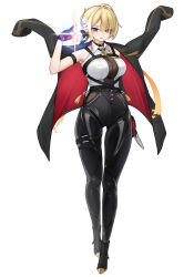  1girl absurdres arm_strap black_pants blonde_hair blouse chest_harness collared_shirt cosplay elbow_gloves evelyn_chevalier evelyn_chevalier_(cosplay) gloves hair_over_one_eye hair_up half_gloves harness high-waist_pants highres holding kiryhood latex_pants long_ribbon long_sleeves necktie pants ring_hair_ornament shirt single_elbow_glove single_half_glove sleeveless thigh_beads tight_clothes tight_pants uneven_bangs white_shirt yellow_necktie zenless_zone_zero 