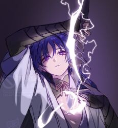  1boy 49ibo240 alternate_eye_color alternate_hair_length alternate_hairstyle alternate_universe arm_up armor artist_name black_bridal_gauntlets black_shrug bridal_gauntlets bright_pupils cosplay eyeliner eyeshadow fingernails furisode genshin_impact hand_on_own_chest highres holding holding_sword holding_weapon human_scabbard japanese_armor japanese_clothes juban kimono kote kurokote layered_sleeves long_hair looking_at_viewer makeup male_focus middle_ring musou_isshin_(genshin_impact) parted_lips pectorals pink_eyes purple_background purple_hair purple_kimono purple_sleeves raiden_shogun raiden_shogun_(cosplay) red_eyeliner red_eyeshadow scaramouche_(genshin_impact) sheath short_sleeves shrug_(clothing) solo string sword unsheathing watermark weapon white_kimono white_mouth white_pupils white_sleeves wispy_bangs 