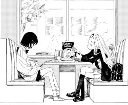  2girls bag blazer booth_seating bow bowtie collared_shirt crossed_legs cup drinking_glass drinking_straw food food_in_mouth forehead french_fries from_side hairband highres holding holding_food holding_phone jacket ketchup kirarazaka_marina kneehighs kuze_shizuka loafers long_hair looking_at_phone menu monochrome multiple_girls open_clothes open_jacket phone plate pleated_skirt profile restaurant scar scar_on_cheek scar_on_face school_bag school_uniform shirt shoes short_hair sitting skirt sneakers socks taizan5 takopii_no_genzai window 