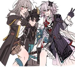  1boy 2girls armor belt black_belt black_dress black_flower black_gloves black_hair black_jacket black_shirt black_skirt blue_belt blush blush_stickers brown_belt carrying carrying_person chinese_clothes closed_eyes closed_mouth clothing_cutout coat collarbone constellation_print covered_collarbone cowboy_shot dan_heng_(honkai:_star_rail) dan_heng_(permansor_terrae)_(honkai:_star_rail) dragon_boy dragon_horns dress earclip earrings english_commentary evernight_(honkai:_star_rail) eyeliner fingerless_gloves flower flower_ornament frills gauntlets gloves grey_hair grey_pants hair_between_eyes hair_flower hair_ornament hairclip half-closed_eyes hand_on_another&#039;s_head hand_on_another&#039;s_shoulder hands_up highres honkai:_star_rail honkai_(series) horns jacket jewelry lapels long_hair long_sleeves looking_at_viewer low_twintails majunjuu makeup march_7th_(honkai:_star_rail) miniskirt multiple_girls official_alternate_costume official_alternate_hairstyle open_clothes open_jacket open_mouth pants pink_hair pointy_ears red_eyeliner red_eyes red_flower shirt shoulder_armor shoulder_cutout sidelocks simple_background single_bare_shoulder single_earring single_gauntlet single_glove sitting skirt smile standing stelle_(honkai:_star_rail) sweatdrop t-shirt tassel teeth trailblazer_(honkai:_star_rail) twintails two-tone_dress v wavy_hair white_background white_coat white_dress white_shirt yellow_eyes zipper 