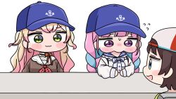  3girls :d anchor_symbol backwards_hat baseball_cap blonde_hair blue_bow blue_eyes blue_hair blue_hat blue_sailor_collar blush blush_stickers bow braid brown_shirt chibi closed_mouth flying_sweatdrops green_eyes grey_hat hat hololive long_hair long_sleeves low_twintails minato_aqua minato_aqua_(sailor) mochimiko momosuzu_nene momosuzu_nene_(casual) multicolored_hair multiple_girls nose_blush oozora_subaru oozora_subaru_(1st_costume) pink_hair puffy_long_sleeves puffy_sleeves sailor_collar school_uniform serafuku shirt simple_background smile twin_braids twintails two-tone_hair upper_body very_long_hair violet_eyes virtual_youtuber white_background white_sailor_collar white_shirt yurie_mouth 