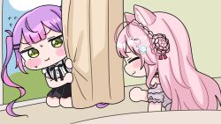  2girls :t ahoge animal_ear_fluff animal_ears black_skirt blue_sky braid chibi closed_mouth clouds collared_shirt commentary_request curtains day dress_shirt green_eyes grey_shirt hair_bun hakui_koyori hiding highres hololive indoors long_hair mochimiko multicolored_hair multiple_girls off-shoulder_shirt off_shoulder pink_hair pleated_skirt pout puffy_short_sleeves puffy_sleeves purple_hair shirt short_sleeves single_side_bun skirt sky sleeveless sleeveless_shirt suspender_skirt suspenders tokoyami_towa twintails two-tone_hair very_long_hair virtual_youtuber wavy_mouth white_shirt window 