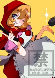  1girl apron artist_name b.b._hood blonde_hair blue_eyes commentary cowboy_shot darkstalkers explosive grenade holding holding_knife hood hood_up knife one_eye_closed red_hood rosie_rosie simple_background solo twitter_username watermark yellow_background 