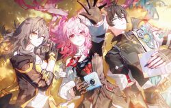  1boy 2girls absurdres black_hair book camera closed_eyes commentary dan_heng_(honkai:_star_rail) dan_heng_(permansor_terrae)_(honkai:_star_rail) dragon_boy dress earrings evernight_(honkai:_star_rail) flower gloves grey_hair hadanugi_dousa hair_flower hair_ornament highres honkai:_star_rail honkai_(series) jacket jewelry layered_dress lying march_7th_(honkai:_star_rail) meirong multiple_girls one_eye_closed pink_hair red_eyes short_hair single_earring stelle_(honkai:_star_rail) symbol-only_commentary trailblazer_(honkai:_star_rail) upper_body very_short_hair yellow_eyes 