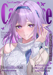  1girl absurdres blue_hairband breasts bright_pupils brown_coat bug butterfly castorice_(honkai:_star_rail) castorice_(luckin_coffee)_(honkai:_star_rail) character_name closed_mouth clothing_cutout coat commentary_request cover english_text fake_magazine_cover grey_background hairband hand_in_own_hair hand_up highres honkai:_star_rail honkai_(series) long_hair long_sleeves looking_at_viewer magazine_cover medium_breasts miya-chan_(lightning0730) official_alternate_costume open_clothes open_coat pointy_ears purple_butterfly purple_hair shoulder_cutout simple_background single_bare_shoulder smile solo sweater turtleneck turtleneck_sweater upper_body violet_eyes white_pupils white_sweater 