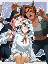  3girls absurdres alien_stage animal_costume animal_ears black_cape black_hair black_jacket black_pants broom brown_hair cape claw_pose closed_eyes commentary dress english_commentary ghost_costume grey_eyes grey_shirt halloween halloween_costume hat highres holding holding_broom hood hood_up hooded_dress hyuna_(alien_stage) jacket kuradrawings mizi_(alien_stage) multiple_girls one_eye_closed pants pink_hair shirt silk sitting spider_web sua_(alien_stage) white_dress white_shirt witch witch_hat wolf_costume wolf_ears 