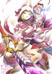 1girl armor blonde_hair blue_fire cherry_blossoms commentary_request falling_petals fire flaming_eye floral_print fox_mask fur_trim holding holding_sword holding_weapon hood hood_up katana knee_up kneeling long_eyelashes mask mizutsune_(armor) monster_hunter_(series) nkyoku ootachi parted_lips petals pink_nails reverse_grip solo sword tsuba_(guard) weapon 