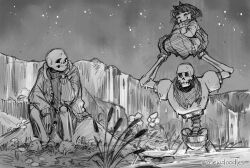  1other 2025 2boys 2d ambiguous_gender arm_on_knee armor artist_name black_shorts brothers cape carrying carrying_person cattail child commentary digital_media english_commentary flower frisk_(undertale) gloves greyscale hand_on_own_chin height_difference hollow_eyes hood hood_down hooded_jacket human humanoid jacket lifting_person looking_at_another male mewpet monochrome monster monster_boy multiple_boys open_clothes open_jacket outdoors papyrus_(undertale) partially_submerged plant sans_(undertale) short_hair shorts siblings single_vertical_stripe sitting skeleton slippers smile striped_clothes striped_shorts striped_sweater sweater teeth trio undead undertale utdr_(toby_fox) vertical-striped_clothes vertical-striped_shorts water waterfall wet white_stripes 