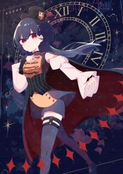  1girl absurdres asanegi_(asane_gi) bare_shoulders black_hair black_hat black_shoes commentary_request detached_sleeves edelied floating_hair foot_out_of_frame grey_shirt grey_shorts grey_thighhighs hat highres jellyfish_cut katsuragi_izumi legwear_garter link!_like!_love_live! long_hair long_sleeves looking_at_viewer love_live! mary_janes official_alternate_costume parted_lips red_eyes roman_numeral shirt shoes short_shorts shorts sleeveless sleeveless_shirt sleeves_past_wrists solo thigh-highs virtual_youtuber white_sleeves 