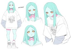  1girl absurdres aqua_hair aqua_skin collarbone colored_sclera colored_skin commentary cyberpunk:_edgerunners cyberpunk_(series) english_commentary green_eyes grey_sweater highres hunched_over leg_tattoo neck_tattoo off_shoulder oversized_clothes petite rebecca_(cyberpunk) red_sclera shirt shoes sidelocks signature sweater sweater_under_shirt t-shirt tattoo untied_shoelaces v-shaped_eyebrows virtuware white_shirt white_shoes 