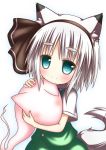  1girl animal_ears blue_eyes blush fox_ears fox_tail hairband hestia hug konpaku_youmu konpaku_youmu_(ghost) looking_at_viewer self_hug short_hair silver_hair simple_background smile solo tail touhou 