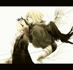  1boy 1girl black_hair blonde_hair cape closed_eyes covering_eyes feathered_wings letterboxed levi_(shingeki_no_kyojin) petra_ral saku_(kisaragirion) shingeki_no_kyojin side spoilers tears white_background wings 