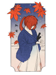  1boy absurdres blood blood_on_clothes blue_kimono border collarbone commentary_request faceless faceless_male falling_leaves feet_out_of_frame gradient_background hakama hakama_pants high_ponytail highres himura_kenshin japanese_clothes katana kimono leaf long_hair long_sleeves looking_at_hand male_focus maple_leaf nasubi_(user_agpx4547) outside_border pants ponytail red_hair rurouni_kenshin sheath sheathed snowing solo standing sword weapon white_border white_hakama wide_sleeves 