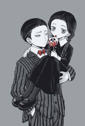  1boy 1girl alternate_hairstyle bags_under_eyes bow bowtie braid brother_and_sister buttons candy_apple carrying carrying_person collared_shirt commentary_request cosplay cowboy_shot dress food formal_clothes gomez_addams gomez_addams_(cosplay) grey_background hair_slicked_back hand_in_pocket hand_on_another&#039;s_shoulder highres holding holding_candy_apple holding_food jacket kuroki_tomoki kuroki_tomoko licking long_dress long_hair long_sleeves looking_at_another looking_at_viewer mary_janes monochrome nuka_(nukamochi) pants pantyhose red_bow red_bowtie shirt shoes short_hair siblings simple_background spot_color striped_clothes striped_jacket striped_pants striped_suit suit the_addams_family tongue tongue_out twin_braids watashi_ga_motenai_no_wa_dou_kangaetemo_omaera_ga_warui! wednesday_addams wednesday_addams_(cosplay) 
