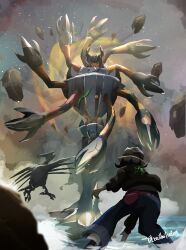  1girl absurdres barbaracle black_jacket blue_pants bo_(bouillustration) boss_fight claws commentary_request crack extra_arms extra_eyes harmony_(pokemon) hat highres jacket mega_barbaracle mega_pokemon pants pokemon pokemon_legends:_z-a signature skarmory standing white_hat 