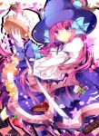  1girl :t cake candy chocolate dress dumpty_alma emil_chronicle_online food fork fruit hat heart homarerererere looking_at_viewer pink_hair pout puzzle_&amp;_dragons solo star strawberry striped striped_legwear violet_eyes witch_hat 