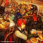  &gt;_&lt; 6+boys 6+girls akaneko_(redakanekocat) alcohol animal_ears barrel beer blonde_hair blue_hair braid bread breasts brown_hair cafe candle cleavage cloak cravat cup dessert dragon dress eating food gloves goggles goggles_on_head green_eyes grin hat highres hood juliet_sleeves leg_up long_hair long_sleeves looking_at_another mug multiple_boys multiple_girls pixiv_fantasia pixiv_fantasia_new_world plate pouches pudding puffy_sleeves quill red_eyes redhead short_hair silver_hair sitting smile spoon staff stairs standing table talking vest wide_sleeves wine wine_glass 