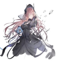  2girls absurdres alternate_costume amiya_(arknights) animal_ears arknights arm_up black_dress black_horns blue_flower bouquet brown_hair closed_eyes cropped_legs deformed dress flantia flower hair_between_eyes highres holding holding_bouquet holding_flower horn_flower horns jewelry long_dress long_hair long_sleeves looking_to_the_side multiple_girls parted_lips puffy_sleeves rabbit_ears rabbit_girl red_eyes red_hair ring simple_background theresa_(arknights) white_background white_flower 