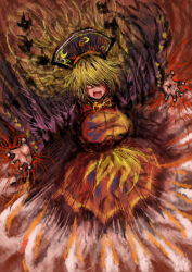 1girl 2b-ge angry aura black_dress blonde_hair blood blood_from_eyes chinese_clothes chinese_commentary constricted_pupils crazy_eyes crescent dalachi_(headdress) dress dynamic_pose flame_print highres junko_(touhou) long_hair magic neck_ribbon one-hour_drawing_challenge red_tabard ribbon sharp_teeth solo tabard teeth touhou 