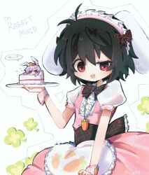  2girls :3 ahoge alternate_costume animal_ears black_bow black_bowtie black_hair blush bow bowtie cake cake_slice carrot_necklace center_frills clover commentary_request cowboy_shot dress enmaided floppy_ears food four-leaf_clover frills holding holding_tray inaba_tewi jewelry kiwi_(x_x915) looking_at_viewer maid maid_headdress mini_person minigirl multiple_girls necklace open_mouth pink_dress plaid_bow plaid_bowtie plaid_clothes puffy_short_sleeves puffy_sleeves purple_hair rabbit_ears rabbit_girl red_eyes reisen_udongein_inaba short_hair short_sleeves smile solo_focus touhou tray white_background 