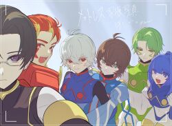  1girl 5boys absurdres armor black_hair blonde_hair blue_armor blue_eyes blue_hair copy_x_(mega_man) cyber_elf_x_(mega_man) facial_hair fairy_leviathan_(mega_man) fighting_fefnir_(mega_man) glasses green_armor green_eyes green_hair group_picture helmet hidden_phantom_(mega_man) highres long_hair mega_man_(series) mega_man_zero_(series) multicolored_hair multiple_boys no_headwear photo_(object) red_armor red_eyes red_helmet sage_harpuia_(mega_man) semi-rimless_eyewear short_hair shoulder_armor tanewiii two-tone_hair under-rim_eyewear upper_body violet_eyes x_(mega_man) 