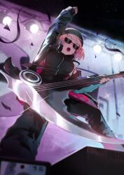  1girl absurdres arm_up black_jacket black_pants breasts commentary from_below headphones headphones_around_neck highres holding holding_scythe hololive hololive_english indoors jacket large_breasts long_sleeves medium_hair mori_calliope namiorii open_clothes open_jacket open_mouth pants pink_hair scythe stage stage_lights sunglasses virtual_youtuber 