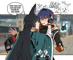  1other 2girls absurdres afterimage anger_vein animal_ear_fluff animal_ears aqua_jacket arm_out_of_sleeve belle_(zenless_zone_zero) black_gloves black_hair black_nails black_shirt blue_hair blush commentary ear_blush ear_wiggle english_commentary english_text eye_contact fingerless_gloves fox_ears fox_girl from_behind game_screenshot_background gloves green_eyes green_nails hair_between_eyes hair_ornament half-closed_eyes hand_on_another&#039;s_ear highres hood hooded_jacket hoshimi_miyabi jacket jewelry letter_hair_ornament long_hair looking_at_another motion_lines multiple_girls necklace open_mouth orange_gloves outdoors parted_lips raised_eyebrows red_eyes screenshot_background shirt short_hair single_fingerless_glove single_glove sleeveless sleeveless_jacket speech_bubble sweat tailless_(zenless_zone_zero) twitching twitter_username upper_body white_shirt yuri zanqi zenless_zone_zero 