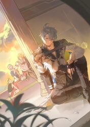  4boys antenna_hair arm_tattoo armlet armor black_boots black_choker black_coat black_gloves black_pants black_shirt blonde_hair blue_eyes boots braid charm2222sul chest_tattoo choker clawed_gauntlets coat commentary_request earrings facial_tattoo fingerless_gloves gloves gold_earrings gold_necklace gradient_hair highres honkai:_star_rail honkai_(series) jewelry korean_commentary male_focus medium_hair multicolored_hair multiple_boys mydei_(honkai:_star_rail) neck_tattoo necklace open_clothes open_coat pants parted_bangs pauldrons phainon_(honkai:_star_rail) red_hair red_tattoo shirt short_hair shoulder_armor side_braid single_pauldron sitting sun_symbol sun_tattoo tattoo white_coat white_hair 