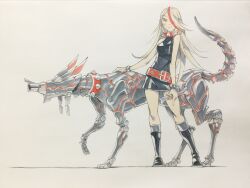  1girl belt belt_buckle black_boots black_dress blonde_hair bone boots bracelet breasts buckle cannon closed_mouth collar commentary dress grey_socks hair_over_one_eye highres holding holding_bone jewelry kneehighs large_belt long_hair looking_at_viewer medium_breasts multicolored_hair non-humanoid_robot original peter_salt red_belt red_collar red_eyes red_streaks robot robot_animal robot_dog short_dress sleeveless sleeveless_dress smile socks spiked_bracelet spiked_collar spikes standing standing_on_three_legs streaked_hair tail_raised tight_clothes tight_dress traditional_media white_background 