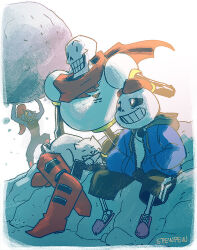  1girl 2016 2boys 2d animal animal_on_lap anthro armor artist_name black_eyepatch black_shorts black_tank_top blue_jacket blue_pants blue_shorts blue_skin bone boots border boulder brothers cape colored_sclera colored_skin digital_media dog double_vertical_stripe drawstring ear_fins eyepatch female fins fish fish_girl gloves grey_hood hand_on_another&#039;s_head hands_in_pockets head_fins height_difference high_ponytail holding holding_rock hollow_eyes hood hood_down hooded_jacket humanoid inactive_account jacket long_hair male male_focus monster monster_boy monster_girl multiple_boys oblivious open_clothes open_jacket pants papyrus_(undertale) pink_slippers ponytail red_boots red_cape red_gloves red_hair rock sans_(undertale) sharp_teeth shirt shorts siblings simple_background sitting skeleton slippers slit_pupils spewpew striped_shorts tank_top teeth third-party_source undead undertale undyne utdr_(toby_fox) vertical-striped_clothes vertical-striped_shorts white_armor white_background white_border white_dog white_fur white_shirt white_stripes yellow_sclera yellow_teeth zipper 