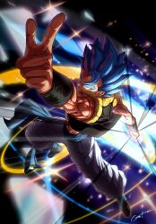  1boy black_background black_vest blue_eyes blue_hair blue_sash clenched_hand cropped_vest dragon_ball dragon_ball_super dragon_ball_super_broly full_body gekiroo gogeta gowing highres male_focus medium_hair metamoran_vest muscular muscular_male no_shirt pants sash solo spiky_hair super_saiyan super_saiyan_blue vest white_pants 