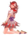  1girl bracelet horns jewelry kijin_seija kneeling looking_back ma_nyan_(nyao_mao_nyao) multicolored_hair red_eyes sandals skirt tongue touhou 