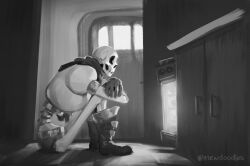  1boy 2025 2d armor artist_name blue_shorts boots cape commentary crossed_arms digital_media door english_commentary floor gloves greyscale humanoid indoors inktober kitchen knees_up male male_focus male_only mewpet monochrome monster monster_boy oven papyrus_(undertale) red_cape red_gloves shorts sitting skeleton solo teeth undead undertale utdr_(toby_fox) waiting white_armor 