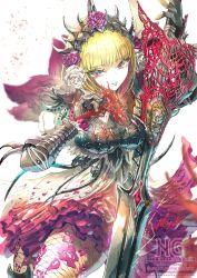  1girl armor armored_dress black_armor bracer breastplate dress eyebrows_hidden_by_hair fishnets floral_print flower frilled_skirt frills fur_trim holding holding_weapon lala_barina_(armor) lala_barina_(monster_hunter_wilds) lala_ornithocton long_eyelashes long_sword monster_hunter_(series) nkyoku ornate_weapon pale_skin parted_lips purple_flower purple_rose red_skirt rose short_hair skirt solo sword violet_eyes weapon webbing white_flower white_rose 