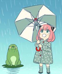  1girl :o ahoge anya_(spy_x_family) aqua_eyes blush_stickers bond_(spy_x_family) boots child commentary_request dog endou_tatsuya green_boots green_raincoat hairpods highres holding holding_umbrella lily_pad medium_hair open_mouth pink_hair puddle rain raincoat rubber_boots solo spy_x_family umbrella 