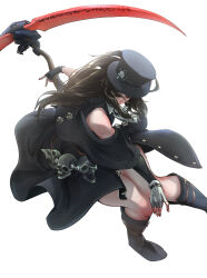  1other absurdres black_hair black_hat black_jacket black_skirt guilty_gear guilty_gear_strive hat highres holding holding_scythe jacket long_hair scythe simple_background skirt skull solo teppu_tora testament_(guilty_gear) white_background 