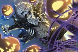  1boy aogiyuki black_crown crown diamond_hairband gloves highres jacket long_sleeves looking_at_viewer male_focus missing_tooth pinstripe_pattern pinstripe_suit pinstripe_vest pumpkin round_eyewear short_hair skully_j._graves smile solo striped_clothes striped_jacket striped_vest suit the_nightmare_before_christmas twisted_wonderland vertical-striped_clothes vertical-striped_vest vest white_hair 