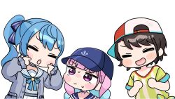  3girls :d anchor_symbol baseball_cap black_hair blue_bow blue_hair blue_hat blue_sailor_collar blush_stickers bow braid cardigan chibi closed_eyes grey_cardigan hair_bow hands_up hat highres hololive hoshimachi_suisei hoshimachi_suisei_(sailor) long_hair long_sleeves low_twintails minato_aqua minato_aqua_(sailor) mochimiko multicolored_hair multiple_girls oozora_subaru oozora_subaru_(1st_costume) open_cardigan open_clothes pink_hair pleated_skirt puffy_long_sleeves puffy_sleeves sailor_collar school_uniform serafuku shirt short_sleeves side_ponytail sideways_hat simple_background skirt sleeves_past_wrists smile star_(symbol) striped_bow striped_clothes striped_shirt twin_braids twintails two-tone_hair vertical-striped_clothes vertical-striped_shirt violet_eyes virtual_youtuber white_background white_sailor_collar white_serafuku white_shirt white_skirt 