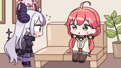  2girls ahoge black_boots black_bow black_dress black_shoes blush_stickers boots bow braid braided_bangs brown_jacket brown_pantyhose chibi collared_shirt couch demon_horns dress flying_sweatdrops green_eyes grey_hair hair_bow hololive horns indoors jacket la+_darknesss la+_darknesss_(1st_costume) long_hair long_sleeves low_twintails mochimiko multicolored_hair multiple_girls on_couch pantyhose parted_lips pink_hair plaid_clothes plaid_skirt plant potted_plant puffy_long_sleeves puffy_sleeves purple_hair purple_thighhighs red_skirt sakura_miko shirt shoes single_thighhigh sitting skirt small_sweatdrop standing streaked_hair sweat thigh-highs thighhighs_under_boots twintails very_long_hair virtual_youtuber white_shirt 