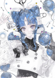  1girl absurdres black_gloves blue_hair bow double_bun facial_mark forehead_mark gloves hair_bun hair_ornament hands_up heilanshuimuchu highres holding long_hair long_sleeves looking_at_viewer original parted_bangs single_glove solo upper_body violet_eyes 