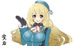  1girl atago_(kantai_collection) black_gloves blonde_hair blush breasts gloves green_eyes hat kantai_collection large_breasts long_hair looking_at_viewer military military_uniform open_mouth personification smile solo tonami_kanji translation_request uniform 