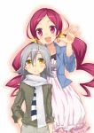  1boy 1girl blush chiroru_(7450n) grey_hair hanasaki_tsubomi heartcatch_precure! long_hair looking_at_viewer olivier_(heartcatch_precure!) open_mouth pink_eyes pink_hair precure scarf short_hair twintails yellow_eyes 