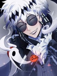  1boy black_crown crown diamond_hairband gloves highres jacket long_sleeves looking_at_viewer male_focus missing_tooth pinstripe_jacket pinstripe_pattern pinstripe_suit pinstripe_vest round_eyewear short_hair skeleton_print skully_j._graves smile striped_clothes striped_jacket striped_vest suit sunglasses the_nightmare_before_christmas twisted_wonderland user_ehhz3373 vertical-striped_clothes vertical-striped_vest vest white_hair zero_(nbc) 