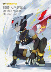  1boy armor black_armor black_eyes full_body grey_background hidden_phantom_(mega_man) male_focus mega_man_(series) mega_man_zero_(series) ninja red_scarf scarf solo squatting watermark yamanashi_taiki 