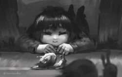  1other 2025 2d ambiguous_gender animal artist_name child commentary digital_media english_commentary frisk_(undertale) greyscale horizontal-striped_clothes human inktober lying mewpet monochrome on_stomach outdoors short_hair snail striped_clothes striped_sweater sweater undertale utdr_(toby_fox) 